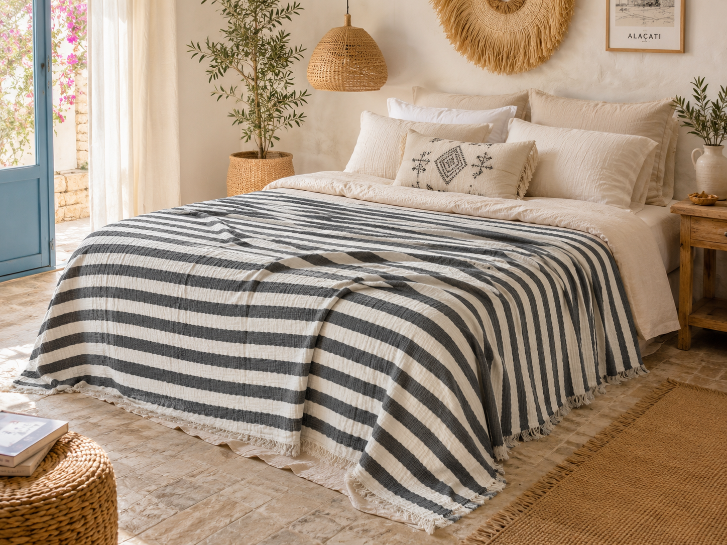 Sabia Daily %100 Pamuk Müslin Pike 4 Kat Battal Boy Pike & Yatak Örtüsü 230x250 cm - Antrasit Çizgili