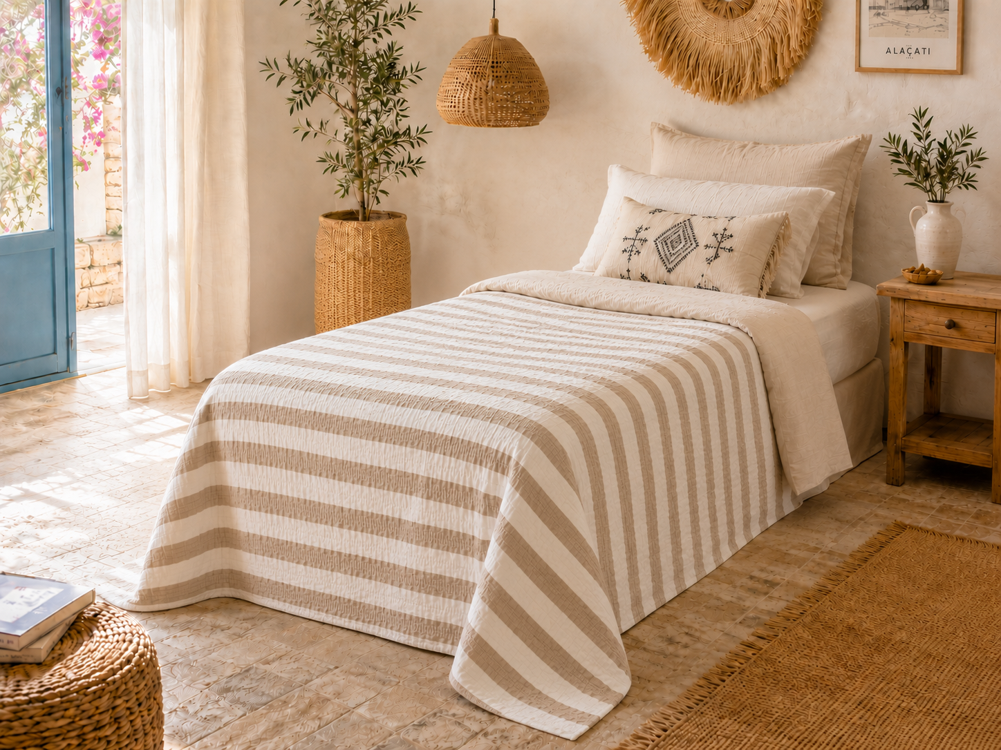 Sabia Daily %100 Pamuk Müslin Pike 4 Kat Tek Kişilik Pike & Yatak Örtüsü 170x220 cm - Bej Çizgili