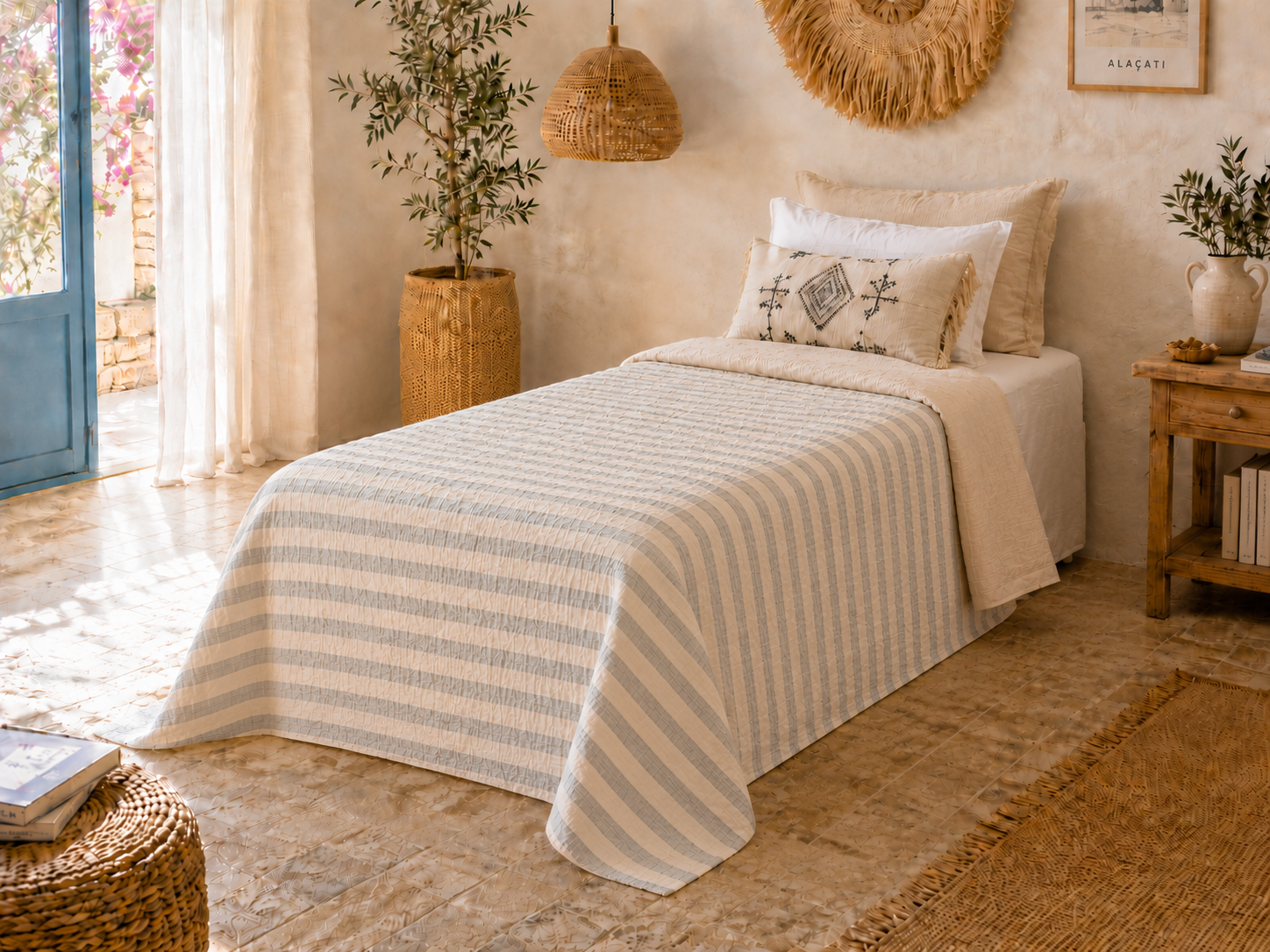 Sabia Daily %100 Pamuk Müslin Pike 4 Kat Tek Kişilik Pike & Yatak Örtüsü 170x220 cm - Gri Çizgili