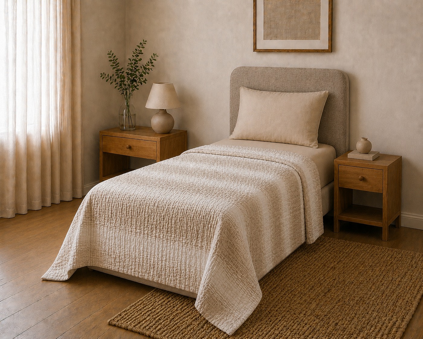 Sabia Daily %100 Pamuk Müslin Pike 4 Kat Tek Kişilik Pike & Yatak Örtüsü 170x220 cm - Bej Desenli Çizgili