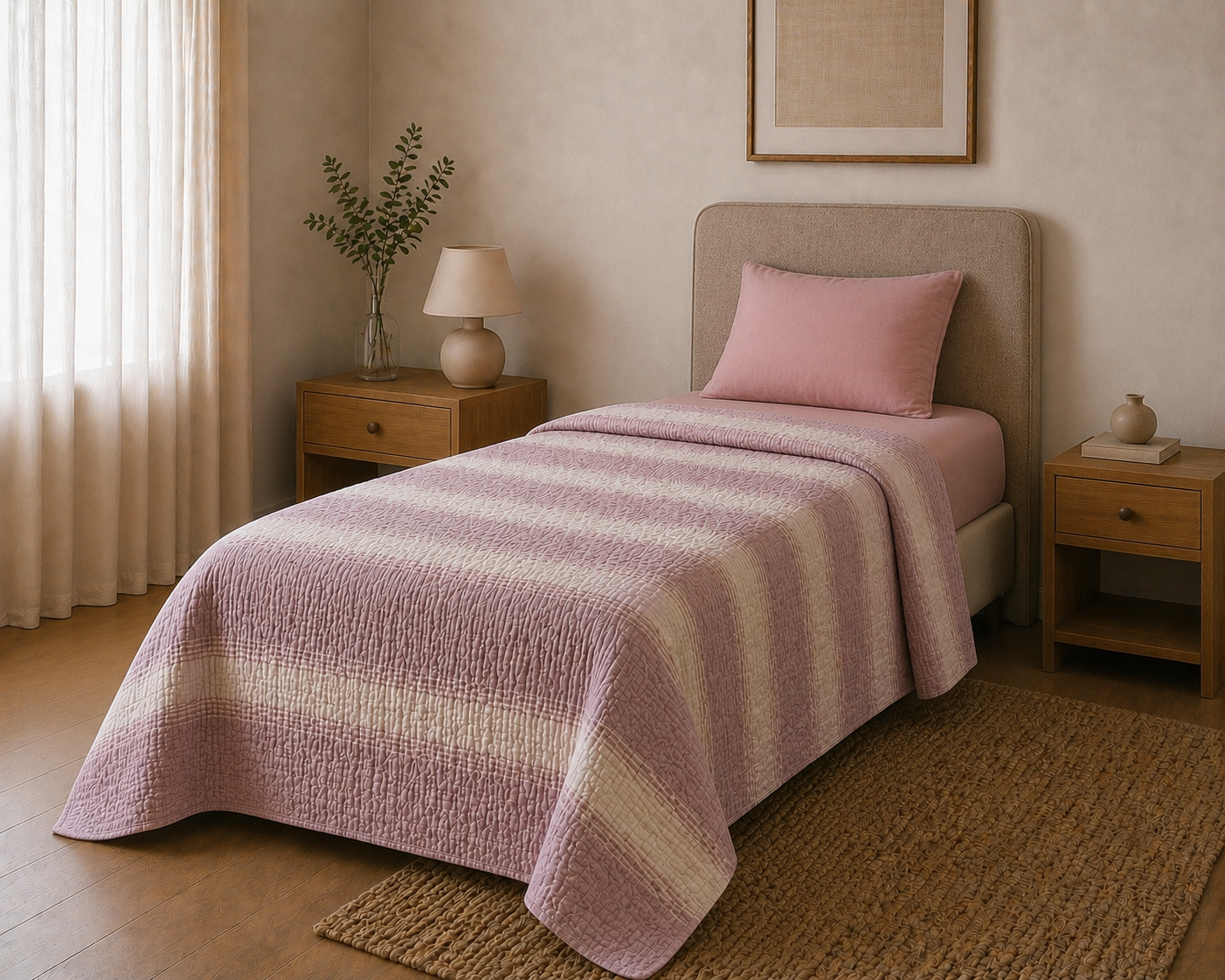 Sabia Daily %100 Pamuk Müslin Pike 4 Kat Tek Kişilik Pike & Yatak Örtüsü 170x220 cm - Pembe Desenli Çizgili
