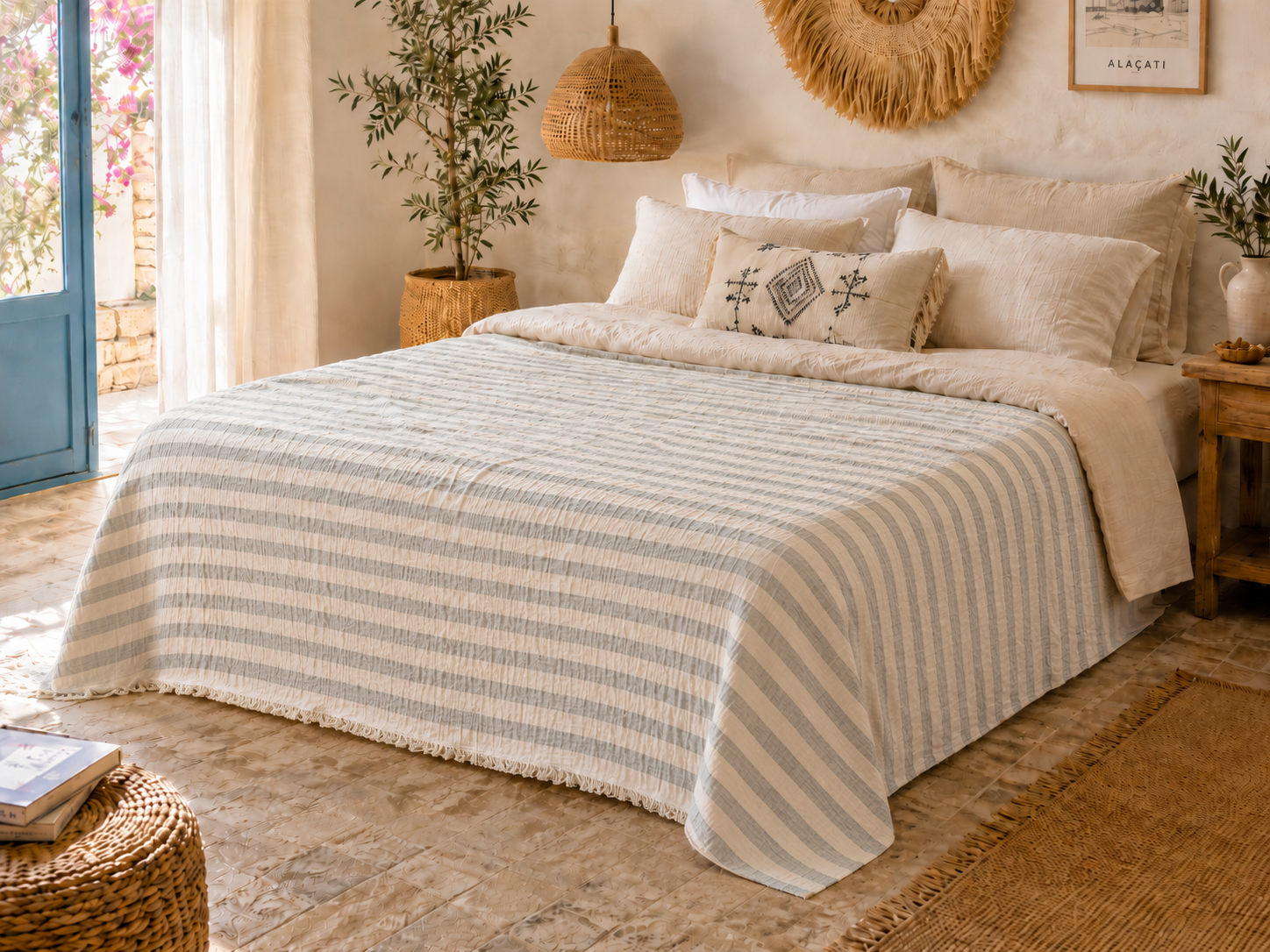 Sabia Daily %100 Pamuk Müslin Pike 4 Kat Battal Boy Pike & Yatak Örtüsü 230x250 cm - Gri Çizgili