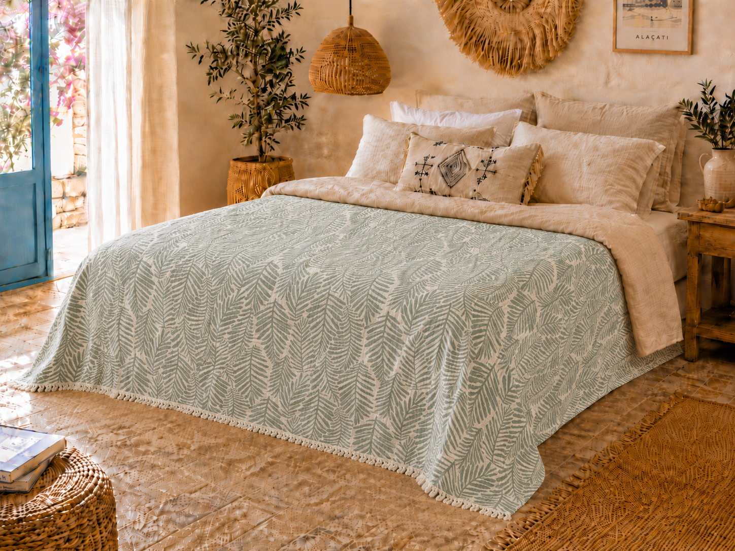 Sabia Daily %100 Pamuk Müslin Pike 4 Kat Çift Kişilik Pike & Yatak Örtüsü 200x220 cm - Jakarlı Yeşil Çift Taraflı