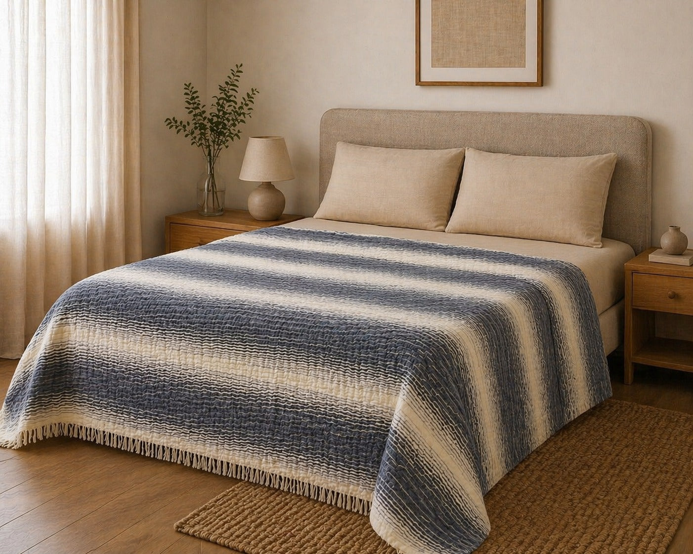 Sabia Daily %100 Pamuk Müslin Pike 4 Kat Çift Kişilik Pike & Yatak Örtüsü 200x220 cm - Antrasit Desenli Çizgili