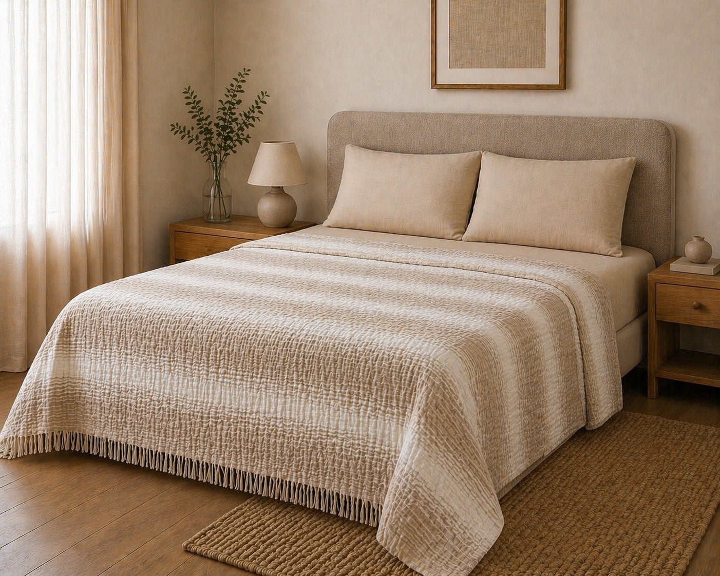 Sabia Daily %100 Pamuk Müslin Pike 4 Kat Çift Kişilik Pike & Yatak Örtüsü 200x220 cm - Bej Desenli Çizgili