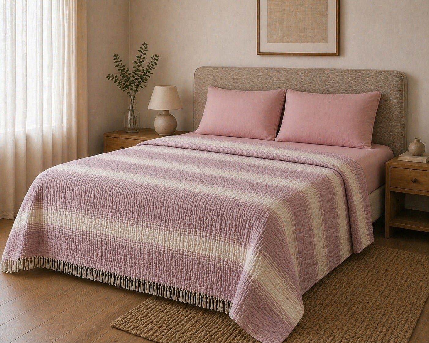 Sabia Daily %100 Pamuk Müslin Pike 4 Kat Çift Kişilik Pike & Yatak Örtüsü 200x220 cm - Pembe Desenli Çizgili